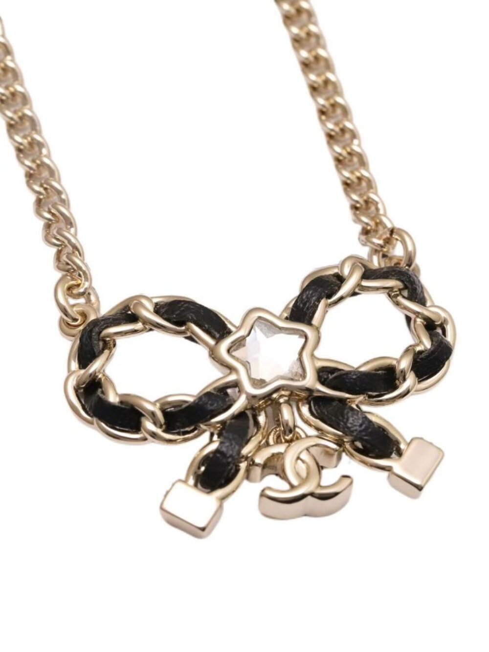 Chanel Classic Bow Leather Interwoven Double C Pendant Necklace
